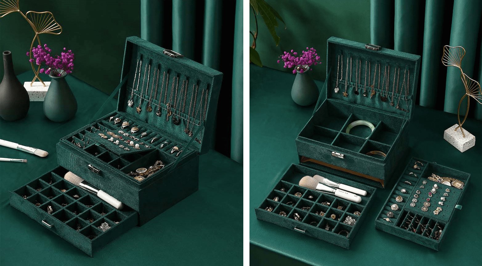 Boîte à bijoux verte en Velours